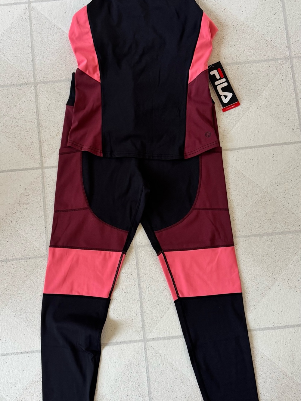 Fila Colorblock Leggings and workout top- Black, Burgundy & Pink